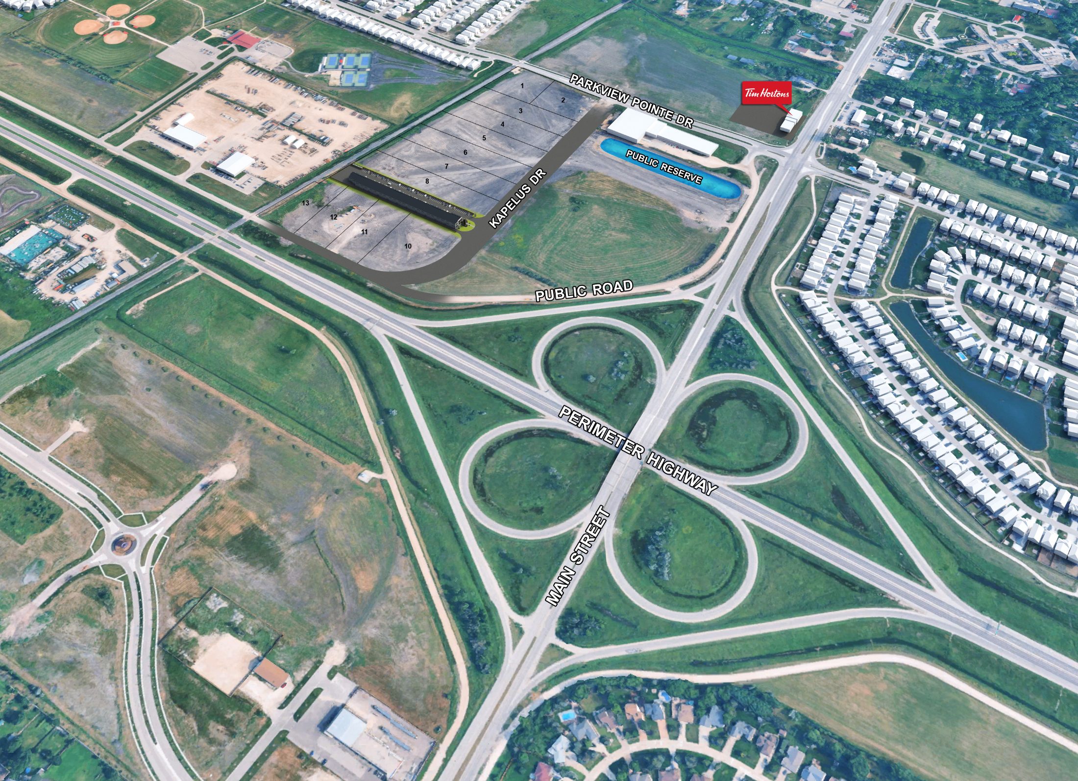 Aerial site map of 293 Kapelus Drive at the Perimeter Highway and Main Street
